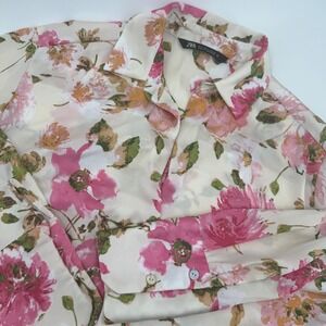 Zara Floral Long Sleeve Button Down Blouse Pink Cream Satin Finish Small